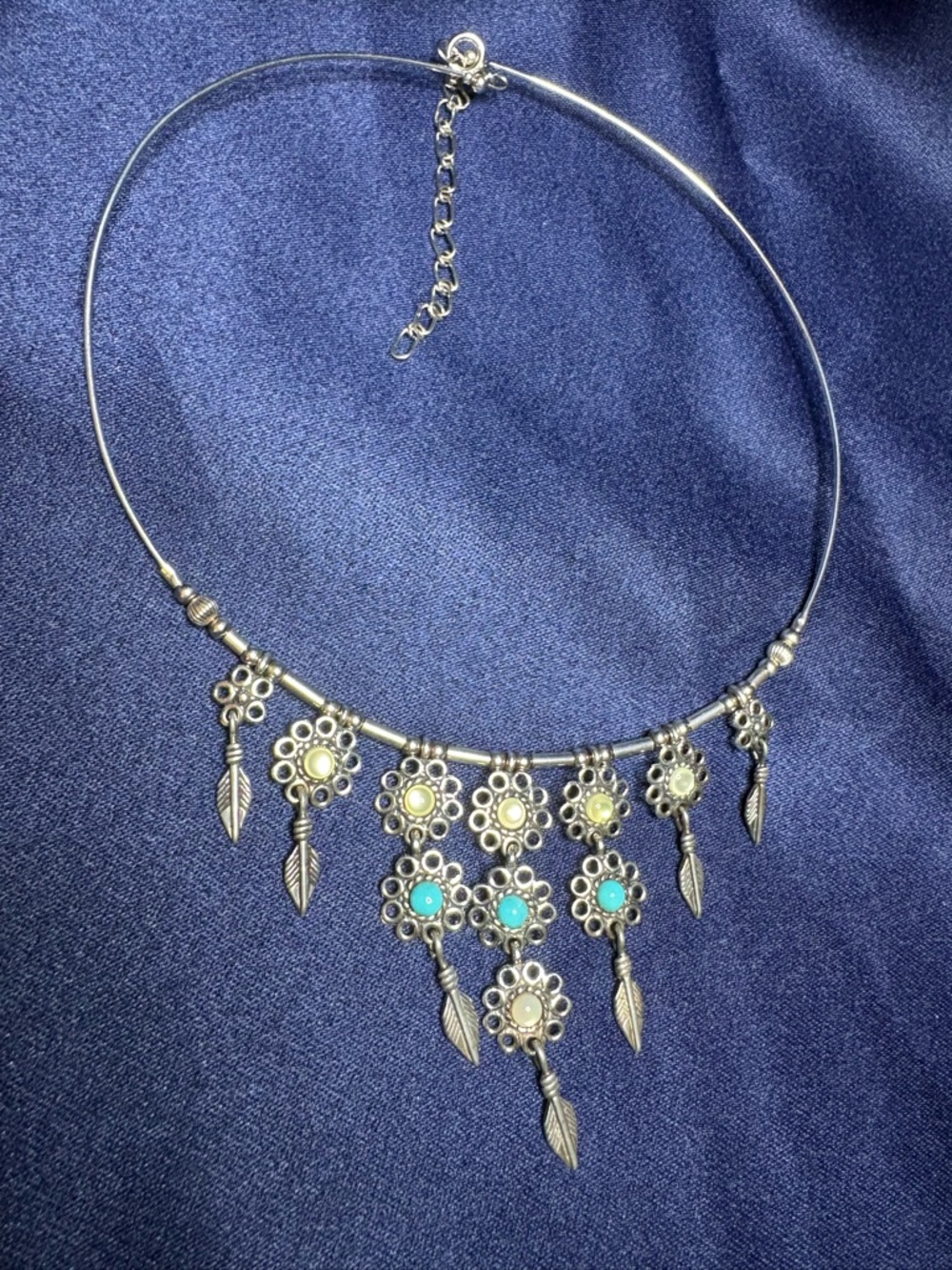 Necklace Artisan 925 Sterling Silver Floral Feather Turquoise Gemstone Choker - Picture 9 of 10